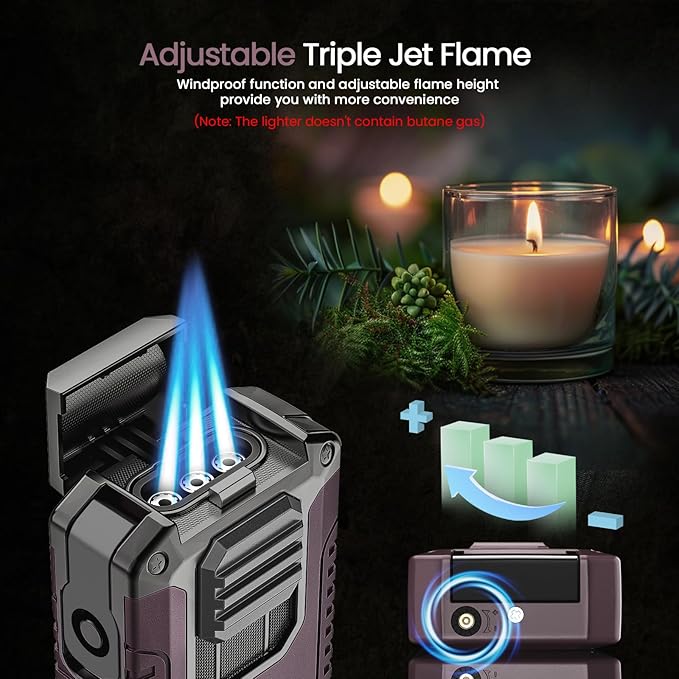 5-in-1 Butane Torch Lighter with Punch, Holder, Draw Enhancer and Tool, Windproof Triple Flame Lighters Gift for Men, Multifunctional Accessories Cool Lighters for Candles, Travel, Outdoor