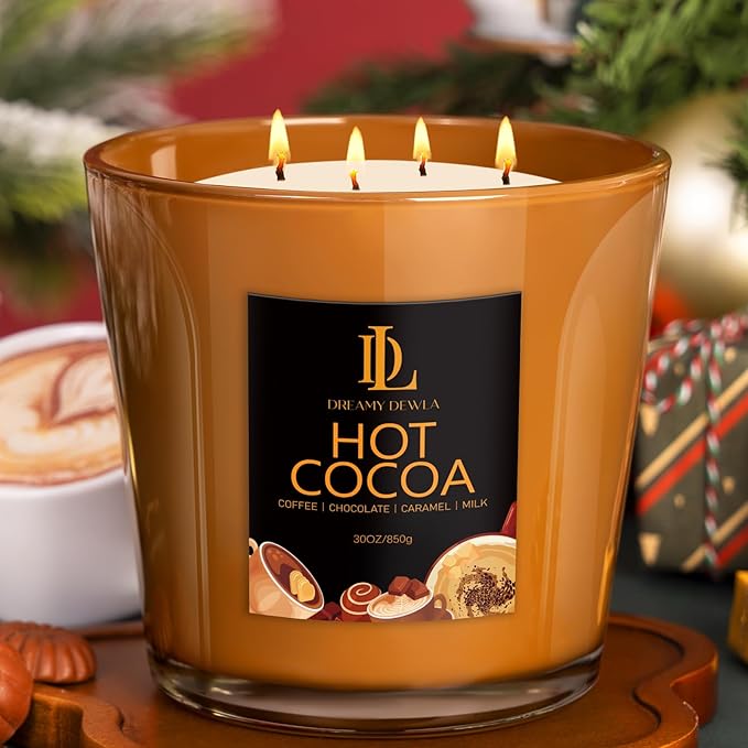 Large Candle Hot Cocoa Scented, 4 Wick Natural Soy Candles for Home Scented, 30oz Big Holiday Candle Long Lasting, Home Kitchen Scent Candles Housewarming Gifts for Women Men