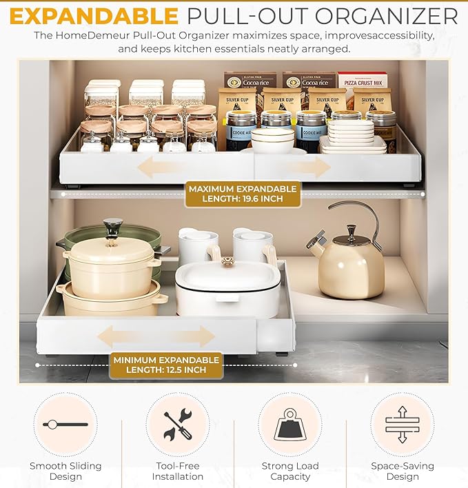 1pack Pull Out Under Sink Organizer – Expandable Sliding Cabinet Shelf for Kitchen, Bathroom, Pantry – Heavy Duty Metal Storage Rack for Cleaning Supplies and Bottles (White, 12.5-19.6 x 17 Inch)