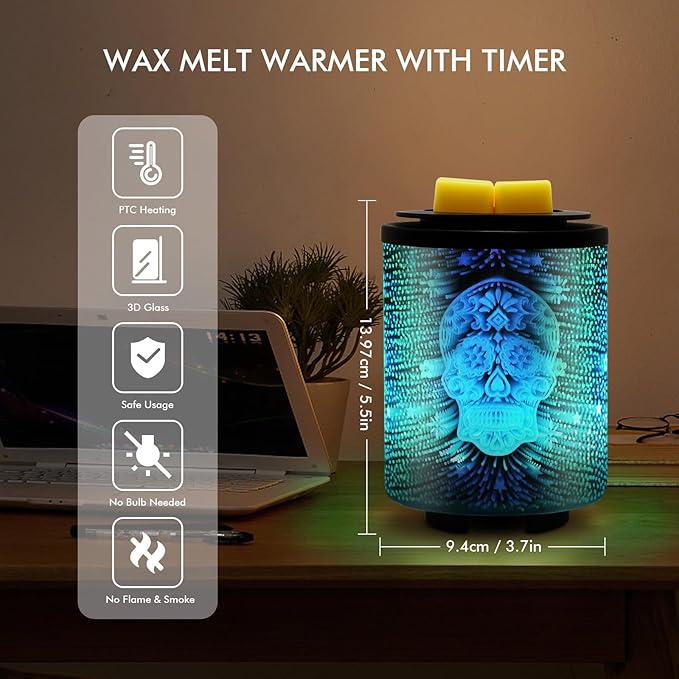 Electric Wax Melt Warmer with Timer (2/4/8H), 7-Color Changing LED Night Light, Removable Silicone Dish, PTC Safe Heating - 3D Glass Design for Home, Office Décor, Gifts for Mom