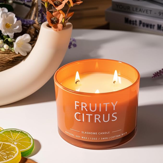 Fruity Citrus Scented Candle, Luxury Large 3 Wick Soy Candle 12 Oz, 60+ Hour Long Lasting Clean Burn, Elegant Aromatherapy Home Decor, Housewarming & Birthday Gift for Women & Men
