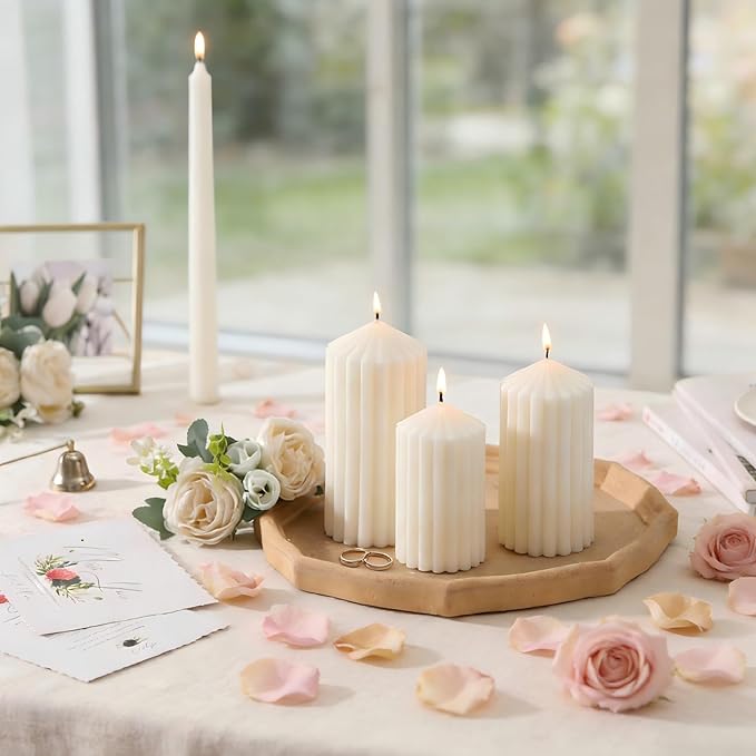 3 Pack White Ribbed Pillar Candles - Soy Wax Unscented, 2.76" x4.2/4.9/5.9 in Smokeless Non Toxic Cotton Wick, Aesthetic Modern Candles for Home Decor, Dinner Table, Living Room, Housewarming Gift