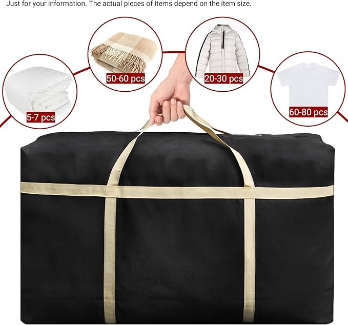 4 Pieces Extra Large Moving Bag, 150L Heavy Duty Storage Bag with Strong Zipper Handles, Black Jumbo Comforter Storage Organizer for Clothing, Pillow, Quilt, Blanket, Space Saving