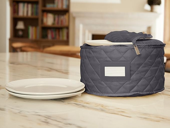 Covermates Keepsakes Dish Storage Case – Padded China & Dinnerware Organizer, Quilted Polyester Protection, ID Window, Zipper Closure, Machine Washable, Slate