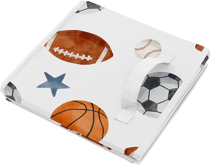 Sweet Jojo Designs Sports Theme Boy Collapsible Fabric Storage Cubes Foldable Bins Organizer Boxes Kids Baby Childrens Toys Set of 2 - Watercolor Soccer Balls Football Baseball Basketball Blue Stars