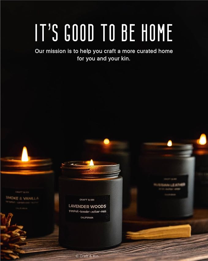 Craft & Kin Premium Smoke & Vanilla Candle | Black Scented Candles for Men | Long Lasting with 45 Hour Burn Time, 7.6oz | Soy Candle | Aromatherapy at Home | Gifts for Men