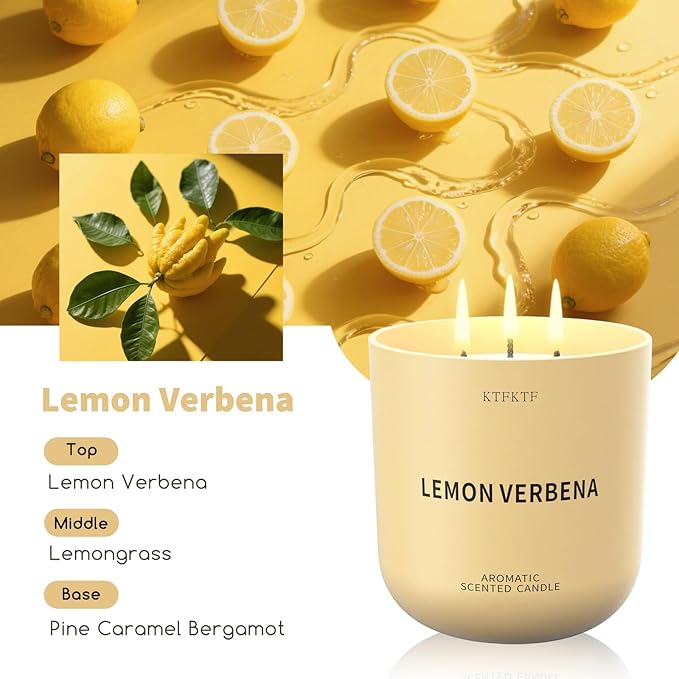 Lemon Verbena Scented Candle for Home, 14.2oz 80H Long Lasting Aromatherapy Candles for Energy & Focus, Non-Toxic Essential Oil & Soy Wax | Citrus & Herbal Freshness
