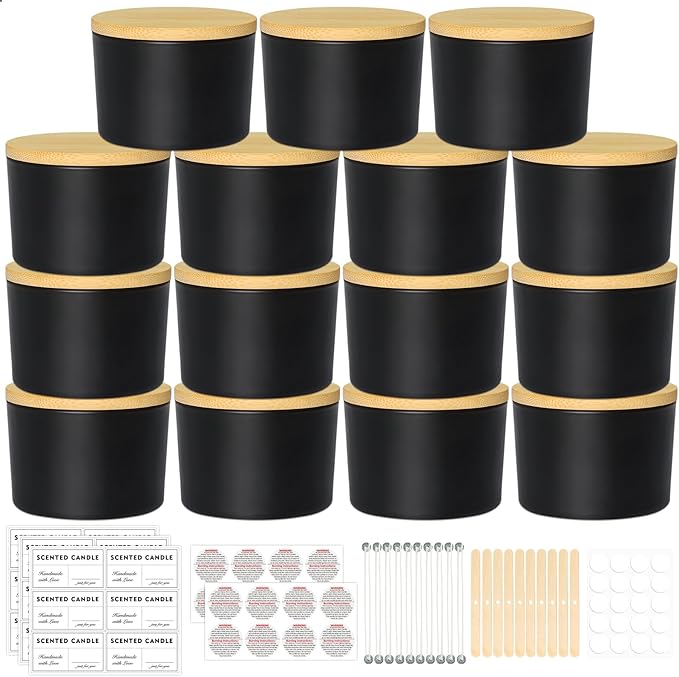 SUPMIND 4oz Candle Jars 15 Pack, Small Black Glass Empty Candle Jars for Making Candles with Bamboo Lids and Wick Kit, Wide Mouth Candle Container Bulk, Ideal for Candle Business Owners