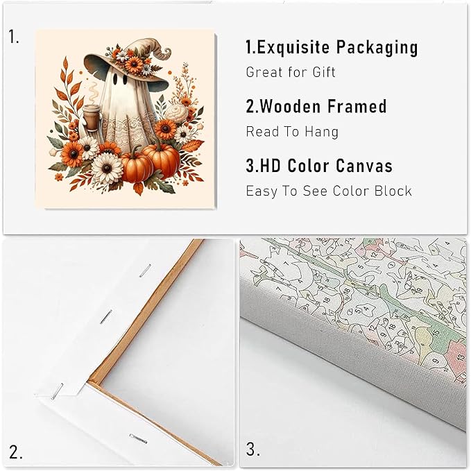 VIGEGU Fall Ghost Paint by Numbers Kit for Adults with Framed,Thanksgiving Paint by Number DIY Acrylic Adult Paint by Number Kits for Wall Decor 10x10in