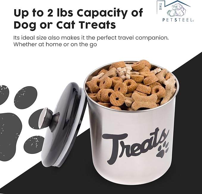 Stainless Steel Dog Treat Jar with Airtight Lids – Holds Up to 2 lbs – Pet Food Storage Bin for Dog & Cat Treats – Decorative & Durable Canister