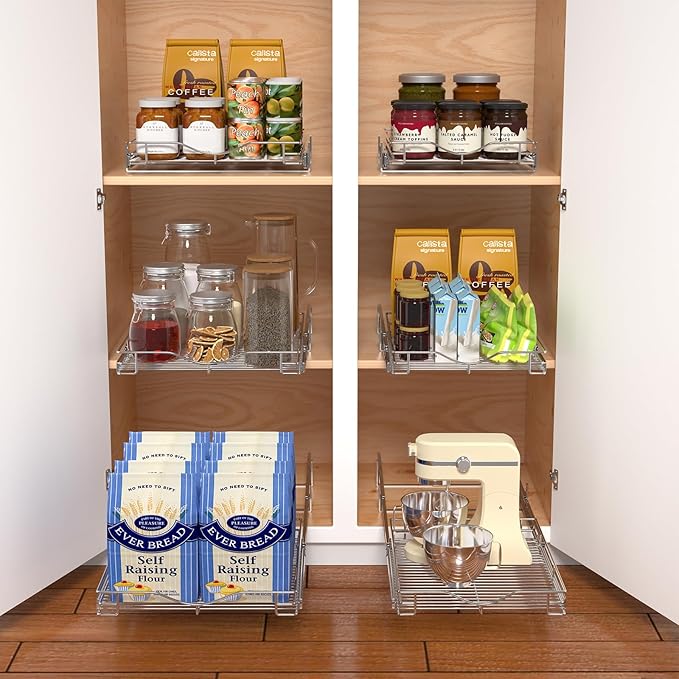DINDON 1 Tier Pull Out Cabinet Organizer (11" W x 21" D) Heavy-Duty Metal Sliding Drawer Shelf, Slide Out Wire Basket for Kitchen Cabinets, Pantry, Bathroom, Chrome Finish…