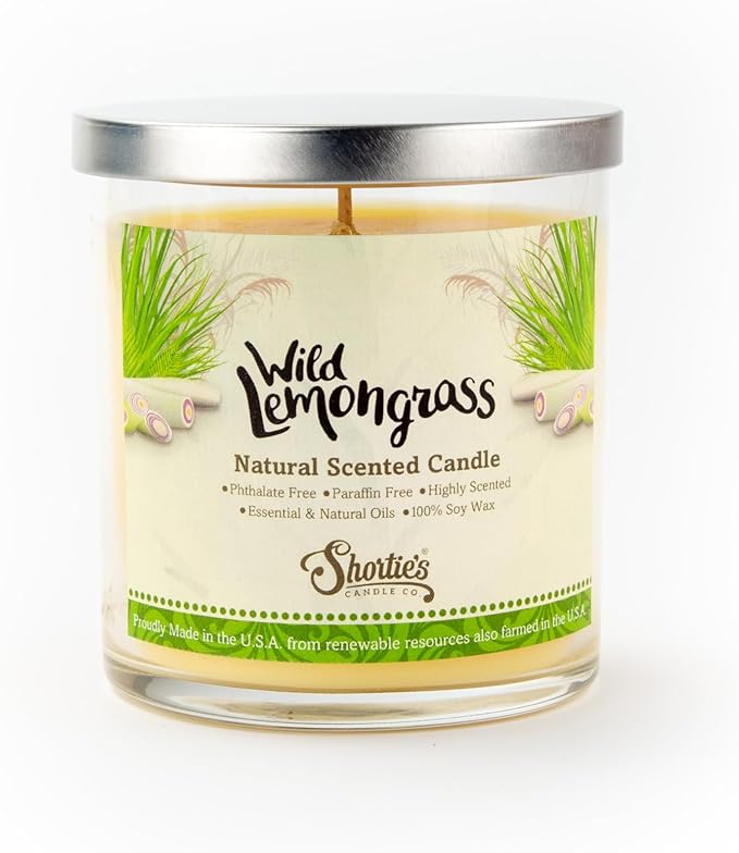 Wild Lemongrass Scented Natural Soy Candle, Essential Fragrance Oils, 100% Soy, Phthalate & Paraben Free, Clean Burning, 9 Oz.
