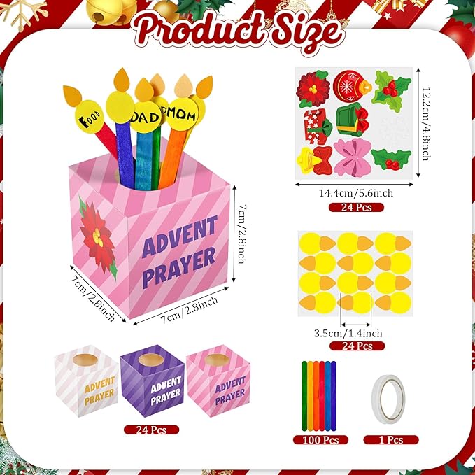 Cinrobiye 24 Set Christmas Advent Prayer Box Craft Kits DIY Advent Candle Prayer Jar with Popsicle Stick Peace Hope Prayer Handmade Paper Box for Xmas Religious Nativity Sunday School Activities