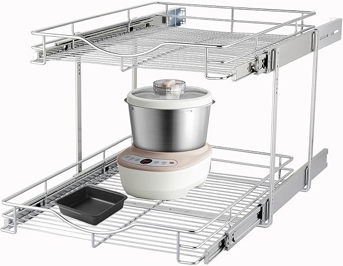DINDON 2 Tier Pull Out Cabinet Organizer (14" W X 18" D), Double Tier Wire Basket Slide Out Shelf Storage for Kitchen Base Cabinet Organization for Kitchen, Pantry, Bathroom, Chrome