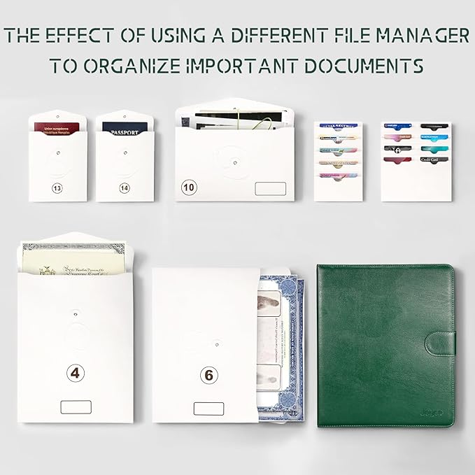 JOYCE Important Document Organizer, 14 Expandable Pockets, 13 Card Slots, for A4 Paper/Letterhead/Cards, with 2 Label Stickers, Suitable for Home, Office, School Use (Olive Green - Leather)