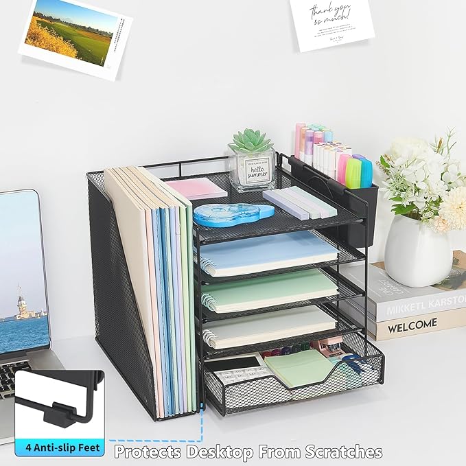 Desk Organizer, 5-Tier Paper Letter Tray Organizer with File Holder, Drawer and Pen Holder, Desktop Organizer for Office Supplies, Black
