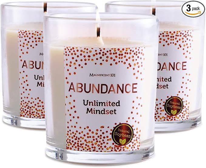 MAGNIFICENT 101 Abundance Mindset Smudge Candle Set - 3.5 Oz Each (3 Pack) - Abundance Unlimited Mindset - 42 Hr Burn for Energy Cleansing & Manifestation