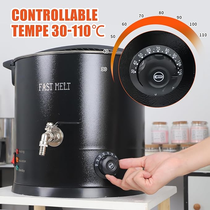FAST MELT 10L Electric Wax Melter Kit for Candle Making, 30-110 ℃ Digital Temp Control, Easy-Pour Spout, Heat Gun, Gloves & Measuring Cup, Professional Home Candle Business Starter Equipment