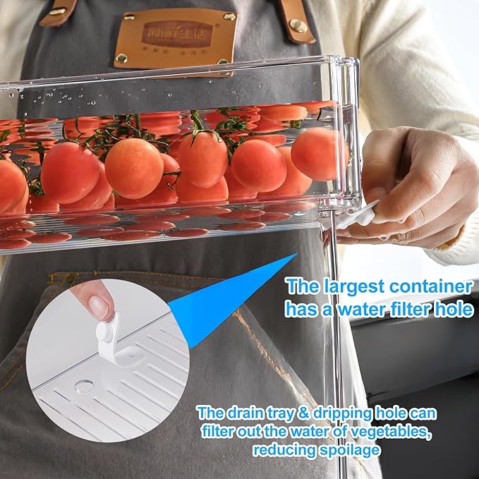 Pure Future 10-Pack Clear Fridge Organizer Containers with Lids, Stackable BPA-Free Refrigerator & Produce Storage Containers with Drain Tray & Anti-Slip Base for Fruits, Veggies & Drinks