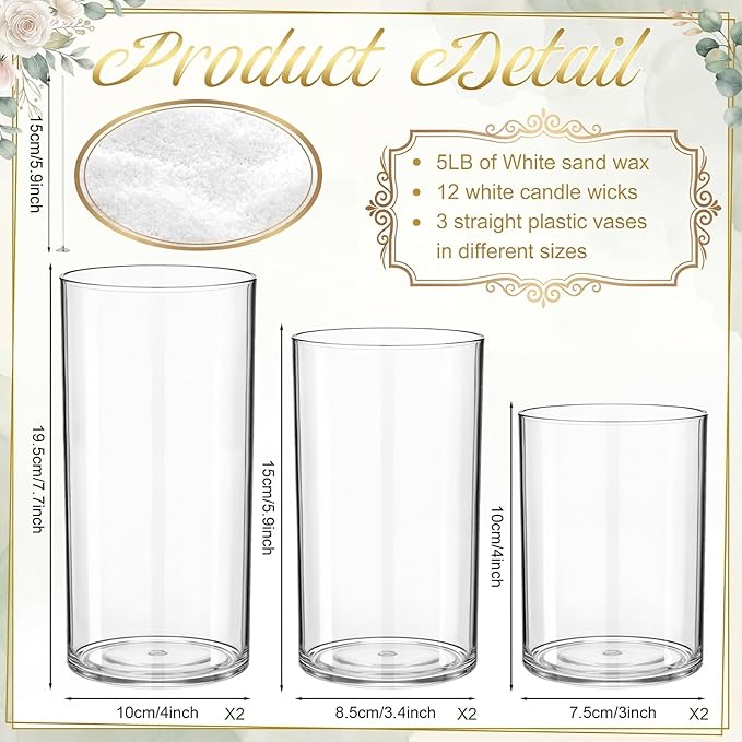 Gerrii 5lb Wedding Pearled Candle Sand 12 Wick 6 Cylinder Glass Vase Kit Refillable DIY Pearled Candle Making Kit for Wedding Table Centerpiece Gift Home Dating Holiday Party Decor