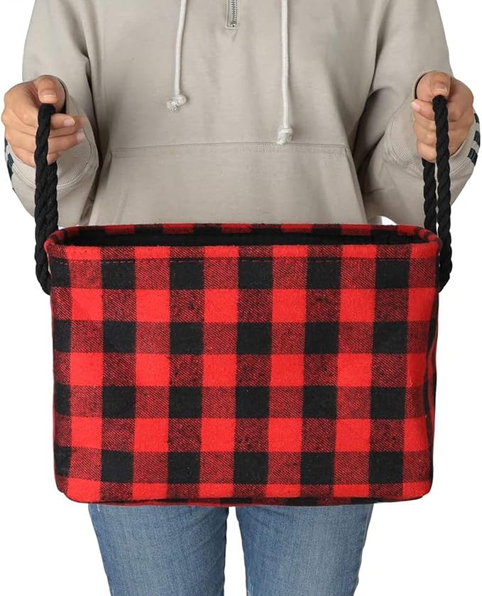 Rectangular Open Storage Baskets Cubes Decorative Home Organizer Containers with Cotton Rope Handles Stylish Storage Solution for Home or Office, Red Black Grid, M