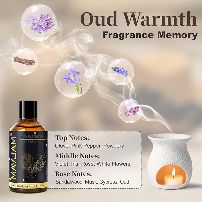 Oud Warmth Fragrance Oil Essential Oil, MAYJAM 3.38FL.OZ Oud Warmth Oil for Diffusers for Home, Long Lasting Scented Oils for Soap Candle Making - 100ML