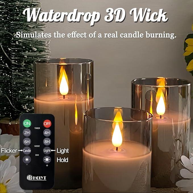 Rechargeable Flameless Candle, Flashing LED Pillar Real Wax Candle with Remote Control and Timer, Upgraded Teardrop Wick, Gray Electronic Candle, 1 Set of 3