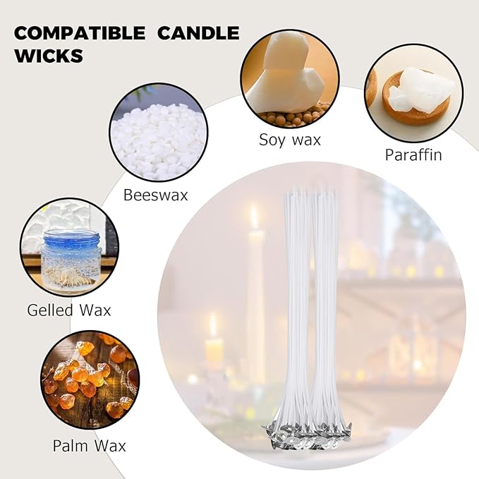 200 PCS Candle Making Kit with Soy Wax – Includes 100pcs 6-Inch and 100pcs 4-Inch Candle Wicks, 100 Wick Stickers, 100 Wick Holders, and 4 Wooden Centering Devices for DIY Candle Making