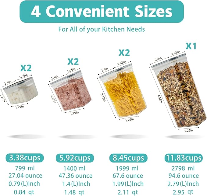 Airtight Food Storage Containers with Lids, 7 PCS BPA Free Kitchen Canisters for Spaghetti, Pasta, Dry Food, Flour and Sugar, Plastic Canisters for Pantry Organization and Storage