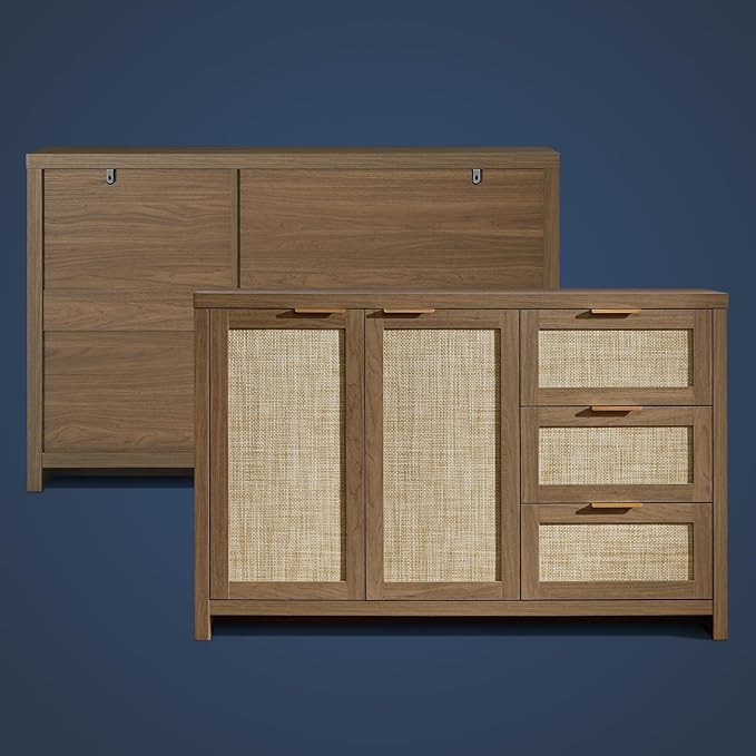 OAKHAM HOME Kitchen Storage Cabinets, Buffet Cabinet with Storage Rattan Sideboard Cabinet Organizer 3 Drawers and 2 Doors Accent Console Table for Kitchen Hallway Living Room bar (Special Walnut)