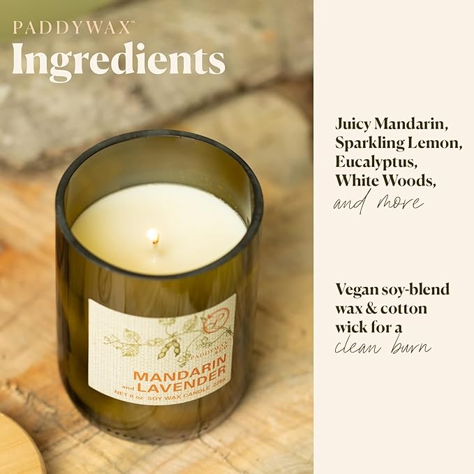 Paddywax Eco Collection Scented Soy Wax Candle in Glass Jar, Mandarin & Lavender Fragrance, Green Vessel with Wood Lid, 8 oz