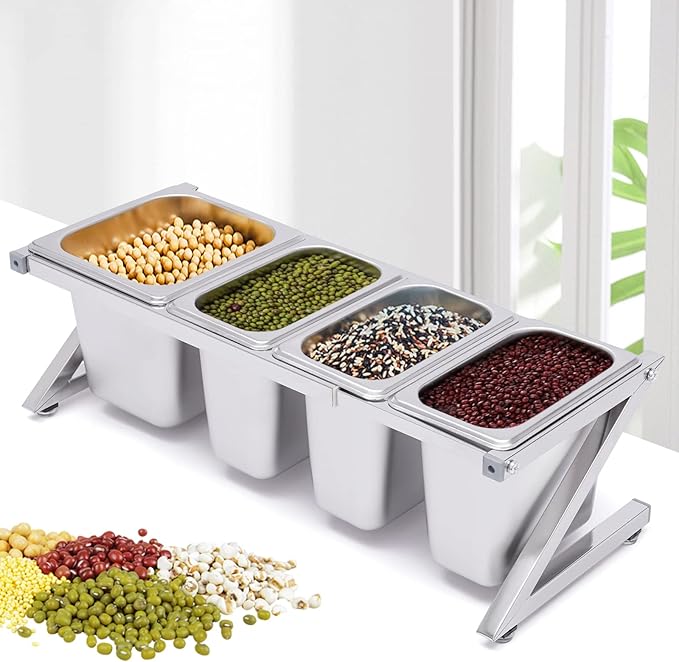 Expandable Spice Rack, Countertop Condiment Stand Holder with Pans and Lids,Stainless Steel Organizer Shelf for Seasonings Sauces Side Dishes Fruits Kitchen Pantry (3*1/9 Pans + 1*1/6 Pan)