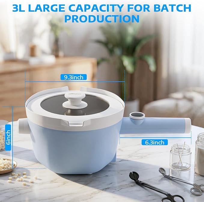 OFFNOVA Self-Stirring Wax Melter - Melt 6LB in 6 Min (3X Faster, Save 20 Min), 1000W Power, 3L/0.8Gal Large Capacity, Digital Temp Display, Heat-Resistant Handle, Candle Making Kit for Beginners & DIY