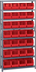 Quantum Storage Systems QSBU-239RD Giant Open Hopper Steel Shelving System, 12" D x 36" W x 75" H, with 8 Shelves and 28 QUS239 Bins, Red