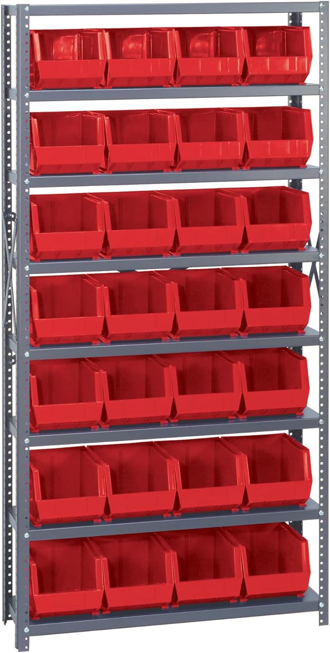 Quantum Storage Systems QSBU-239RD Giant Open Hopper Steel Shelving System, 12" D x 36" W x 75" H, with 8 Shelves and 28 QUS239 Bins, Red