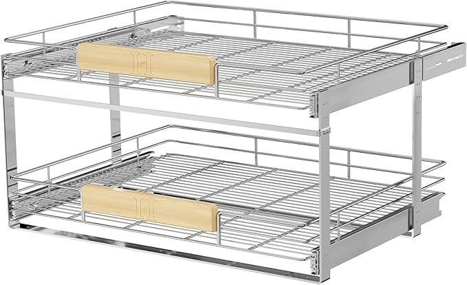 LOVMOR 2 Tier Pull Out Cabinet Organizer 28½" W x 21½" D, Slide Out Drawers with Wooden Handle, Sliding Shelves Organization and Storage for Kitchen, Pantry