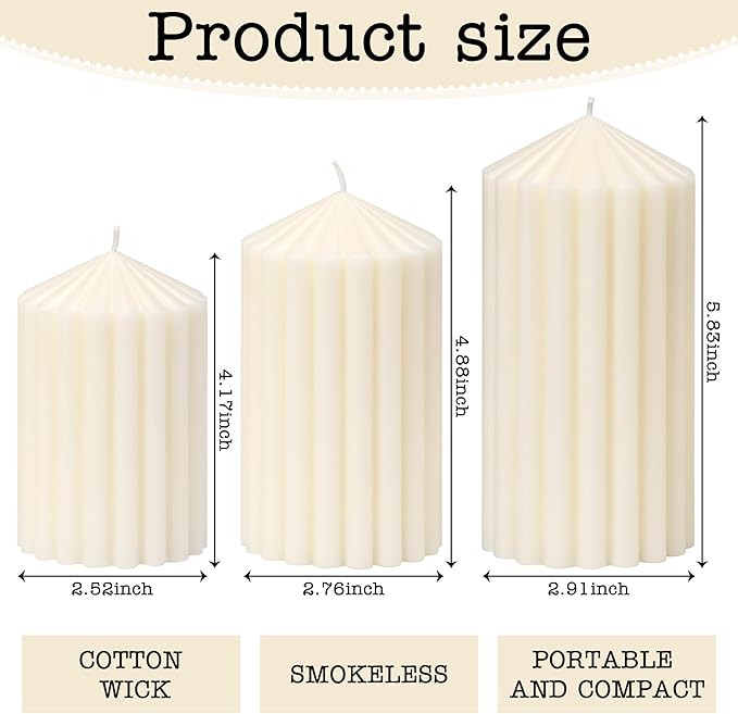 3 Pack White Ribbed Pillar Candles - Soy Wax Unscented, 2.76" x4.2/4.9/5.9 in Smokeless Non Toxic Cotton Wick, Aesthetic Modern Candles for Home Decor, Dinner Table, Living Room, Housewarming Gift