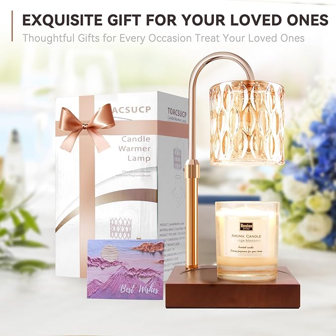 TOACSUCP Candle Warmer Lamp with 3 Bulbs, Adjustable Height Dimmable Candle Warmer with Timer, Compatible with Large Jar Candles, Candle Lamp with Charming Gift Box Ribbon for Her/Him(Walnut)