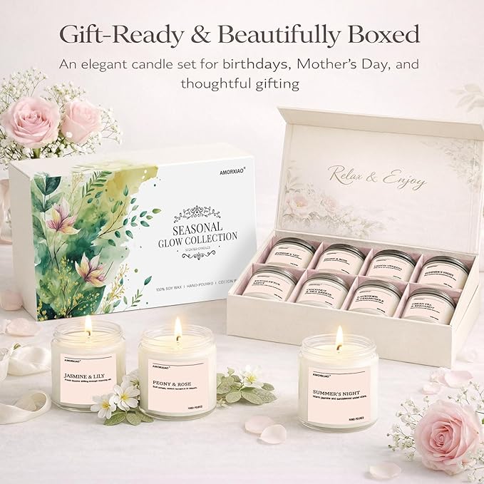 Scented Candles Gift Set, 8 Pack Soy Wax Candles for Home, Spring Summer Floral Fresh Aromatherapy Scents, Gifts for Women, Birthday