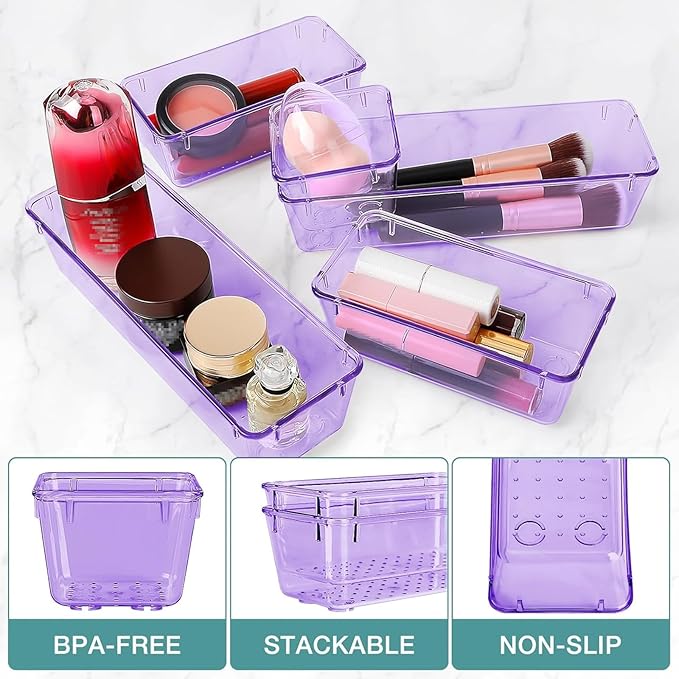 StorMiracle 10 PCS Drawer Organizer Set, 4 Varied Size Bathroom and kitchen Drawer cabinet organizer Trays, Clear Storage Bins for Makeup, Jewelry, Utensils and Gadgets, Purple