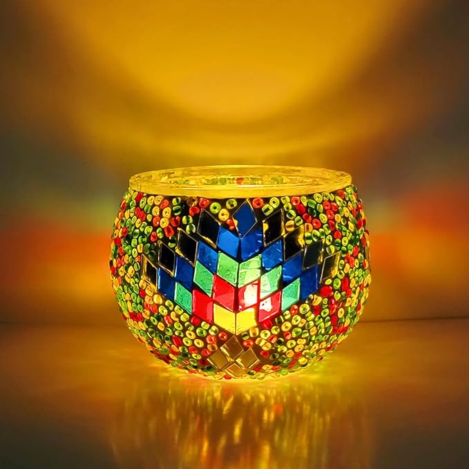 wpdash Romantic Turkish Mosaic Candle Holder Handmade Round Glass Decorative Tealight Holder for Living Room Ornament Kid' Bedroom Decoration DIY Handmade Craft Kit