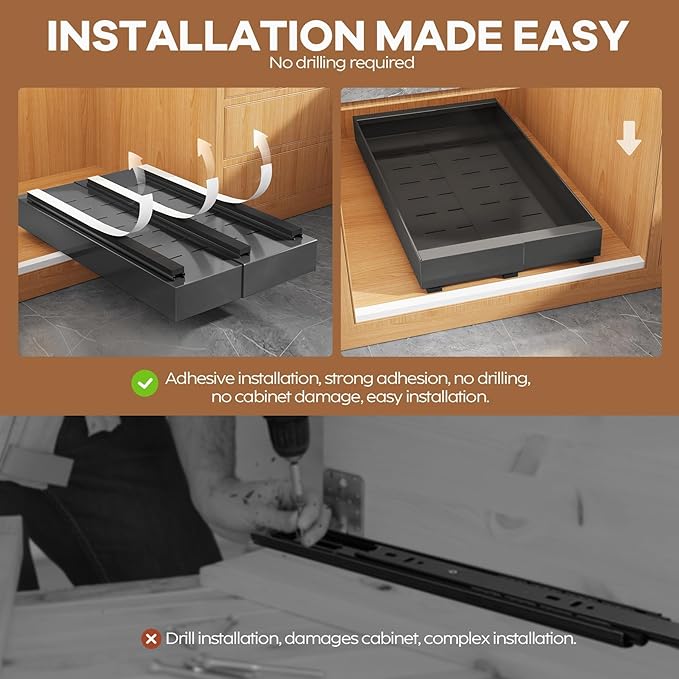 2 Pack Expandable (9"-14") Pull Out Cabinet Organizer 21" Deep With Raising Pad for Framed Cabinets,Upgrade 3 Slide Rails Slide Out Drawers,No Drill Roll Out Shelves Adhesive,Black