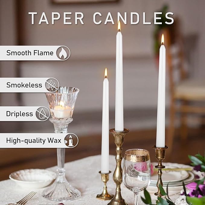 50 Pack White Taper Candles - 10 Inch Classic Unscented Dinner Candles, Dripless Pure White Paraffin Wax with Cotton Wicks, 8-Hour Burn Time for Wedding, Christmas & Formal Dining Decor