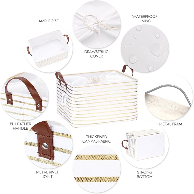 Hinwo 31L Large Storage Bins, Closet Organizers and Storage, Shelf Baskets, Foldable Clothes Storage Baskets with Handles, Containers for Clothing, Blanket, Towels, Toys, Bedding (Gold Stripe)