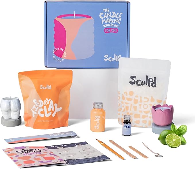 Sculpd Candle Making Pottery Kit for Adults with Air Dry Clay and Acrylic Paint Set, Non-Toxic Eco Soy Wax, Scented Fragrance Oil, Candle Glaze, Tools & Guide, 1 Candle, Basil & Citrus