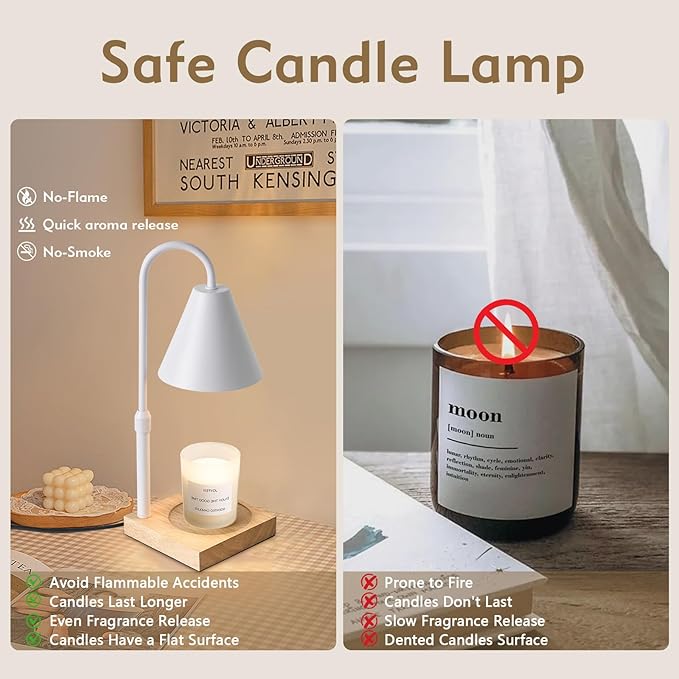 Electric Candle Lamp with Timer: Adjustable Height for All Size Jar Candles, Dimmable Light with 2 Bulbs for Bedroom Home Decor, Gifts for Women, White