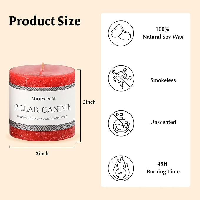3x3 Inch Bright Red Pillar Candles Set of 3 - Hand-Poured Unscented Candles, Long Clean Burning, Large Big Candle, Smokeless Dripless Candle for Dinner Table, Wedding, Home, Rustic Decor