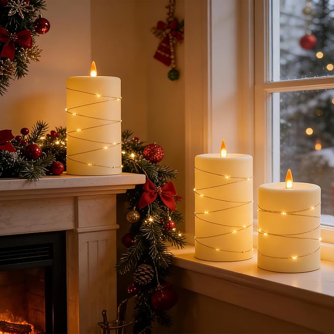HaitanghuaFlickering flameless Candles, Battery-Powered, with String Lights, Remote Control, Timer, Realistic Plastic Pillar Candles, Ivory White, Set of 3,Durable and Long-Lasting