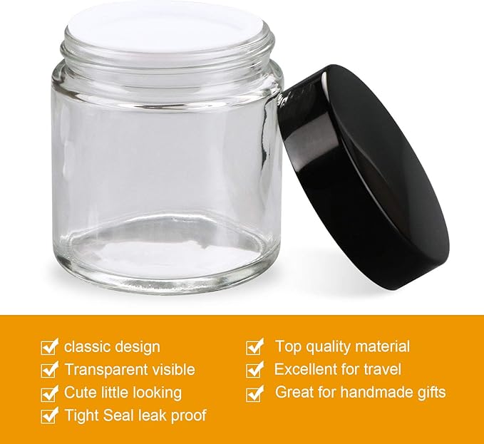Encheng 12Pack of 4 oz Clear Round Glass Jars, with Inner Liners and black Lids,Empty Cosmetic Containers,Cream jars