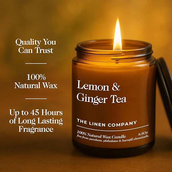 Hand Poured Non Toxic Candles - Lemon & Ginger Tea Fall Candles with Premium Natural Wax - Aromatherapy Scented Candles with Mandarin, Bergamot, Ginger & White Tea Notes - 8.5 Oz, 45 Hrs Burn Time